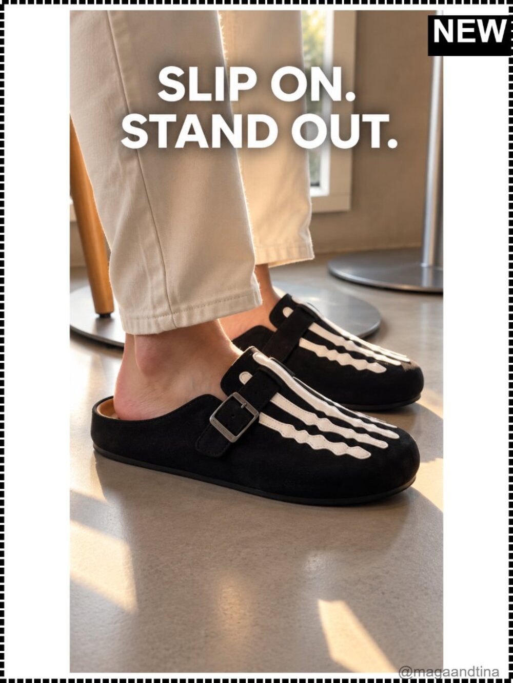 Faux Suede Slip On Mules Men Skeleton Bone Graphic Buckle Strap - Picture 6 of 6